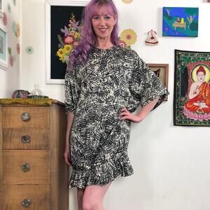 Vintage Nicole Miller Bubble Dress, 1980s Cream & Black Rayon Dress, Sz L